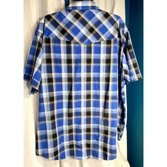 Plains Western Shirt Mens 2XL Big Man Blue Black Plaid Short Sleeve Pearl Snap - Picture 2 of 10